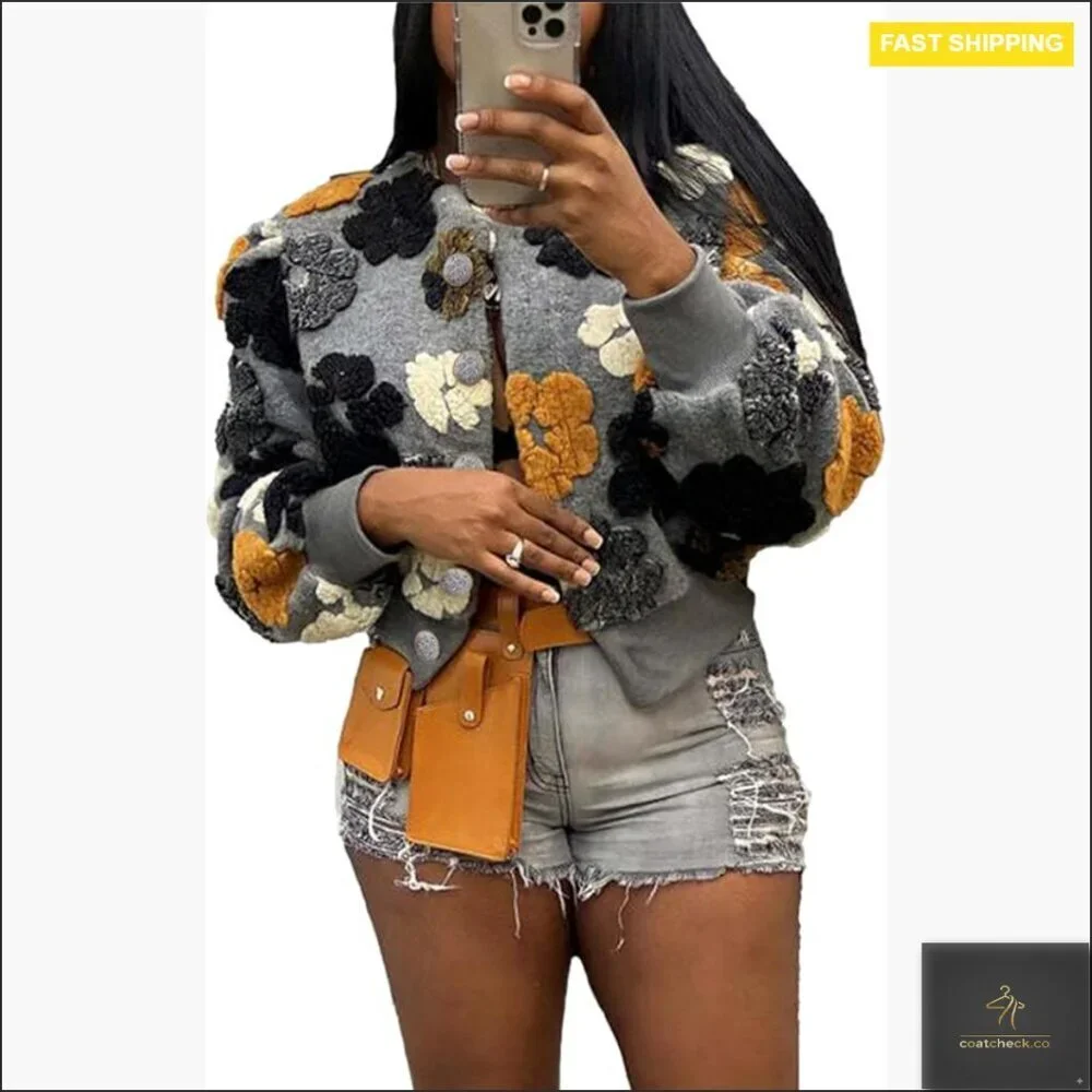 Cropped Fleece Bomber Jacket Long Sleeve Sherpa Floral Print Varsity Coat